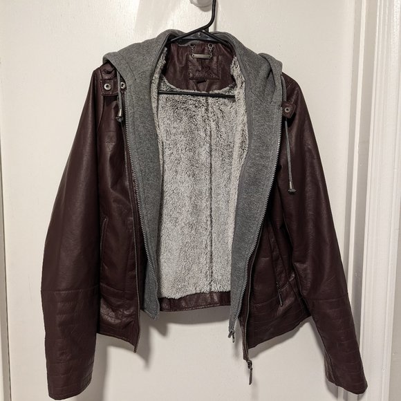 Faux Leather Coat Jacket, Grey Hoodie insert, Maroon Pleather - Picture 1 of 5